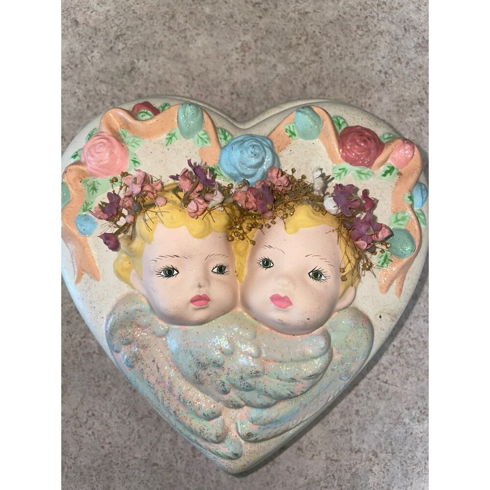Vintage Heart-Shaped Double Angel Face Ceramic Trinket Box With Floral Accents &